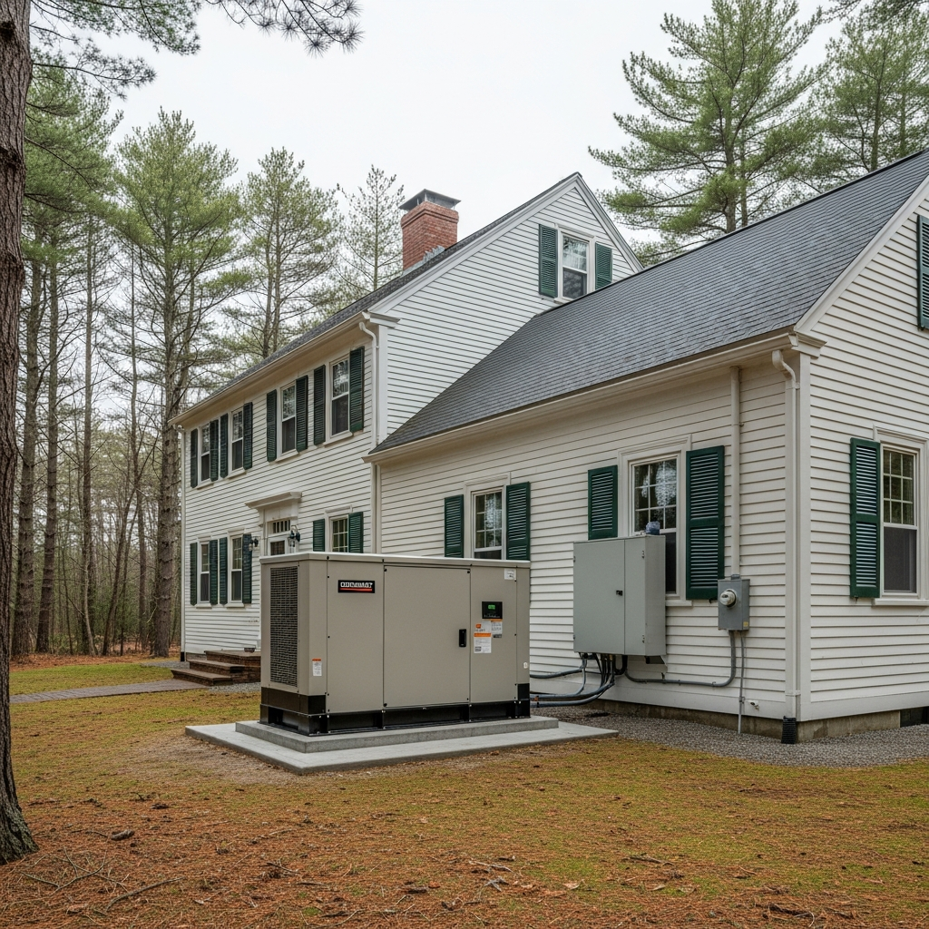 Whole-home standby generator professionally installed outside a New England home