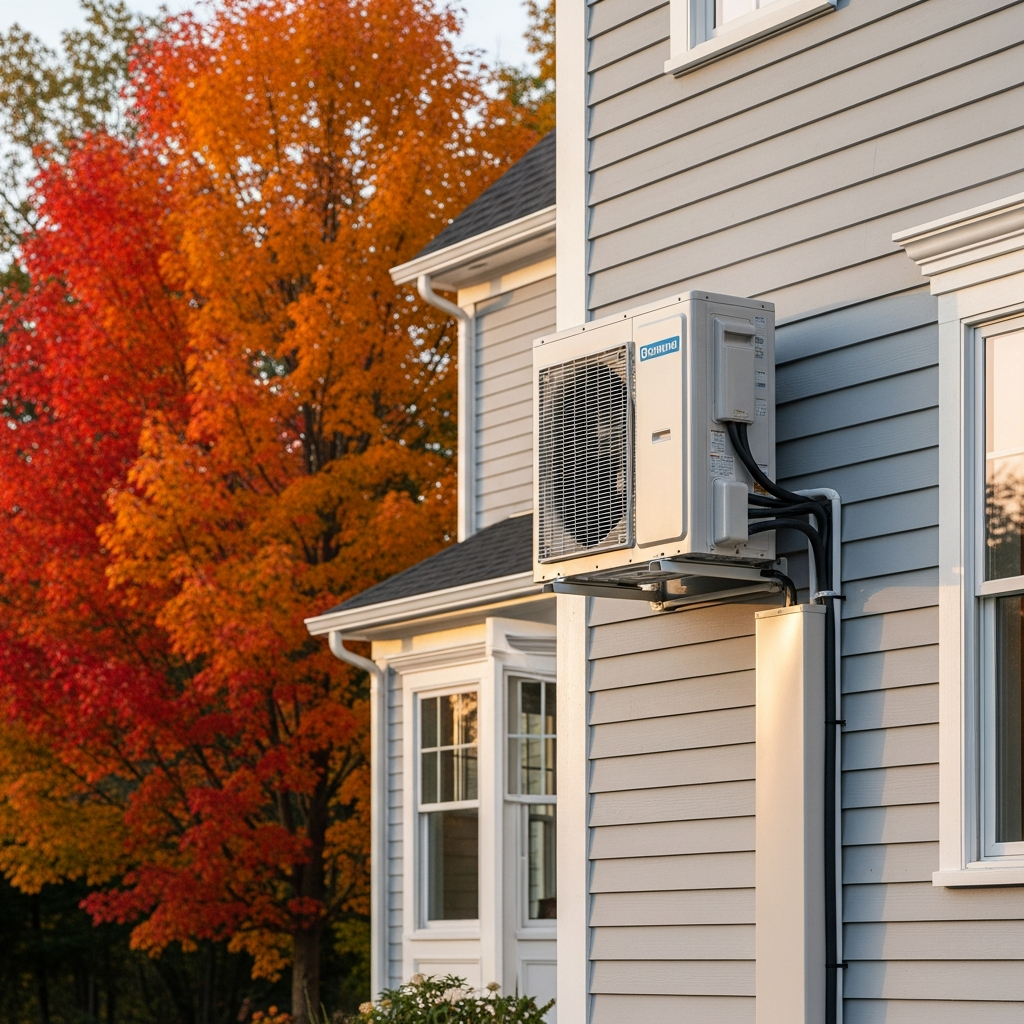 Ductless mini-split heat pump installed on the exterior of a home